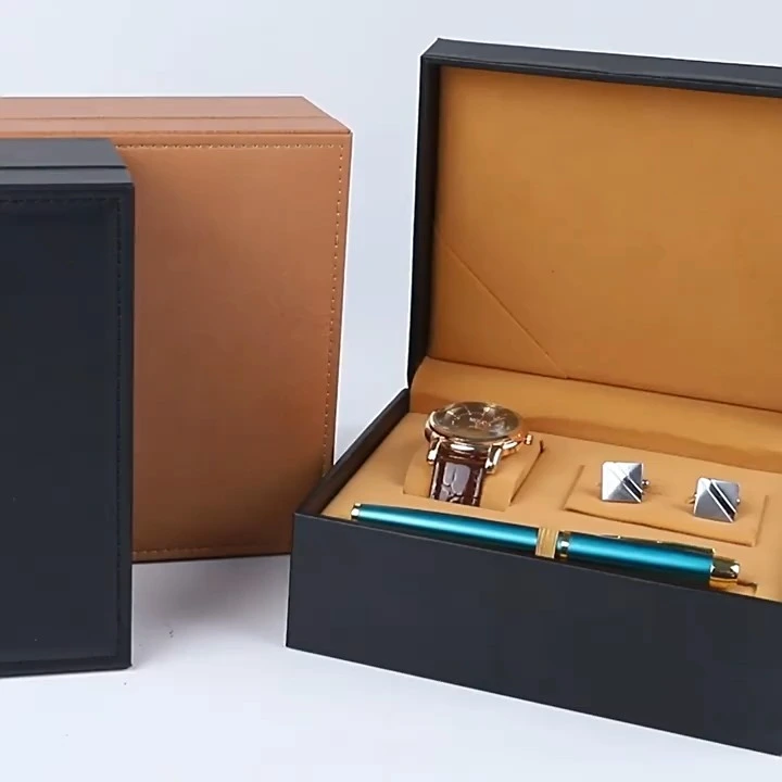 Premium Textured PU Watch Cufflinks Fountain Pen Gift Set Box 1