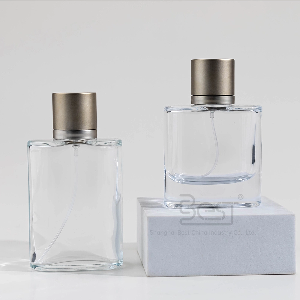 Luxury Square Perfume Bottle | 50ml Thick Bottom Clear Glass with Metallic Matte Sprayer BEST-23308 1