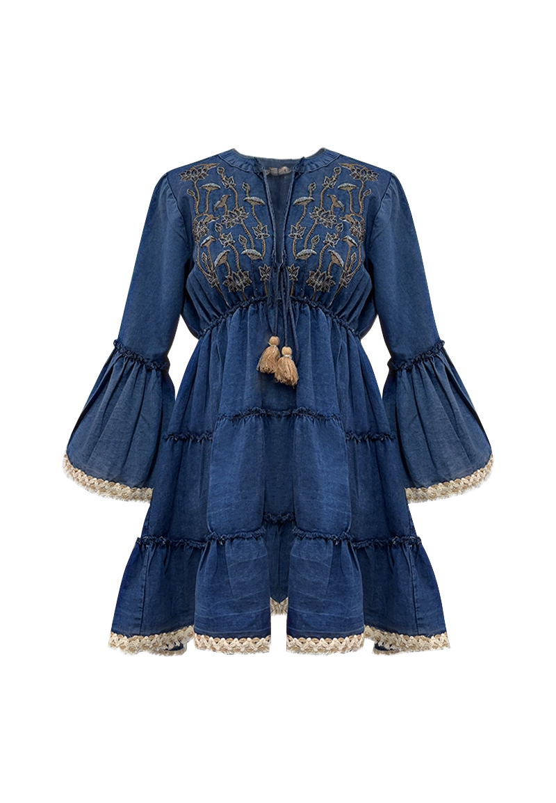 Женское синее джинсовое платье с вышитой многоярусной юбкой Vepeen Apparel 1