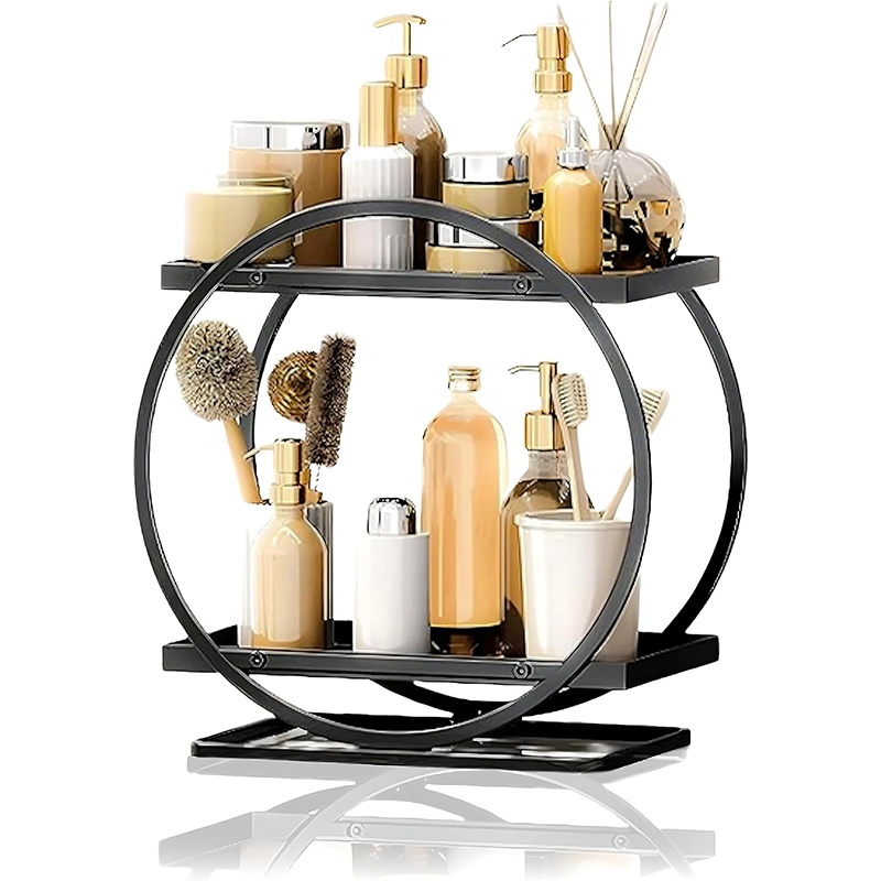 2-Tier Round Gold Perfume and Makeup Organizer - Bathroom Countertop Storage, Vanity Cosmetic Display SH-BA23055 1