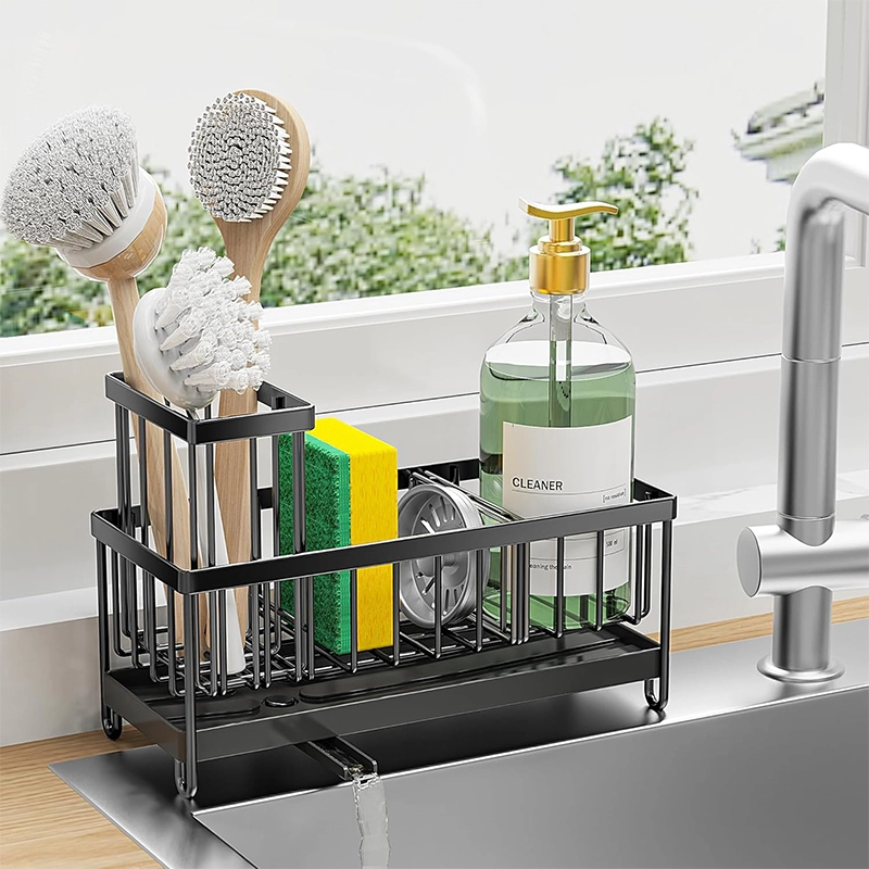 Black Sponge Holder for Kitchen Sink with High Brush Holder，Soap Dispenser SH-KI23102 1