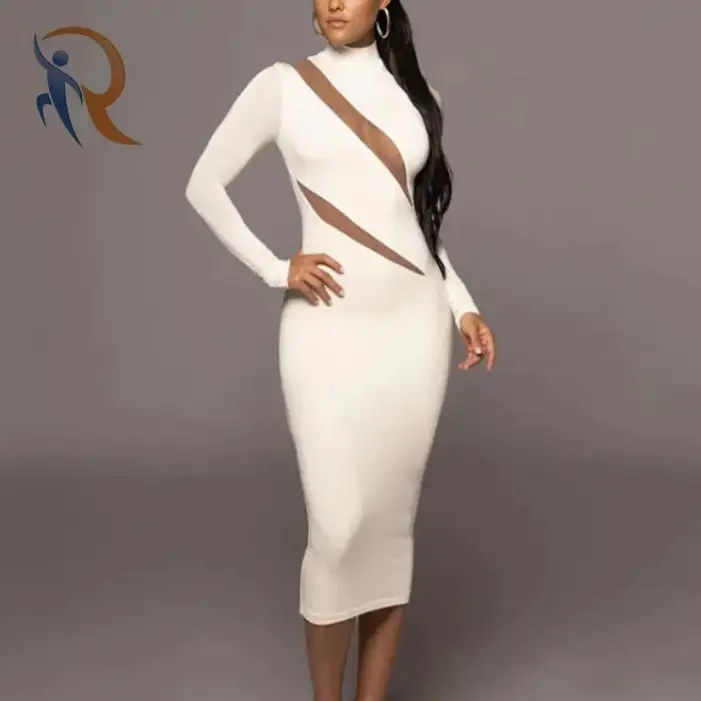 فستان نسائي ربيعي برقبة دائرية وأكمام طويلة وتفاصيل خياطة 1