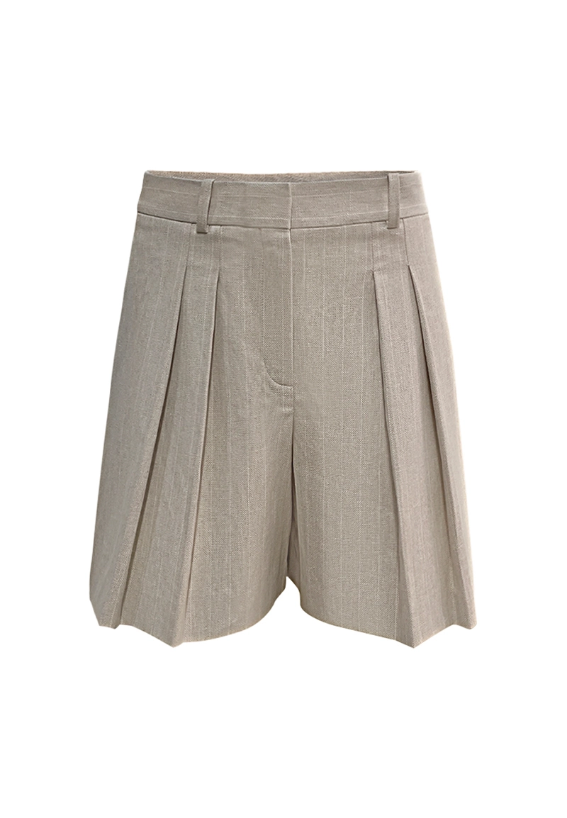 Casual Beige Pleated Linen Shorts Vepeen Apparel 1