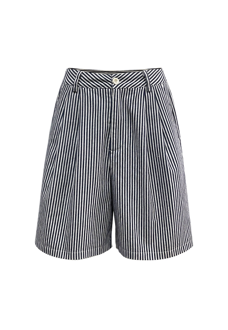 Navy and White Striped Pleated Shorts Vepeen Apparel 1
