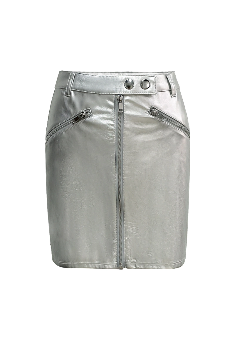 Silver Metallic Leather Zip Detail Mini Skirt Vepeen Apparel 1