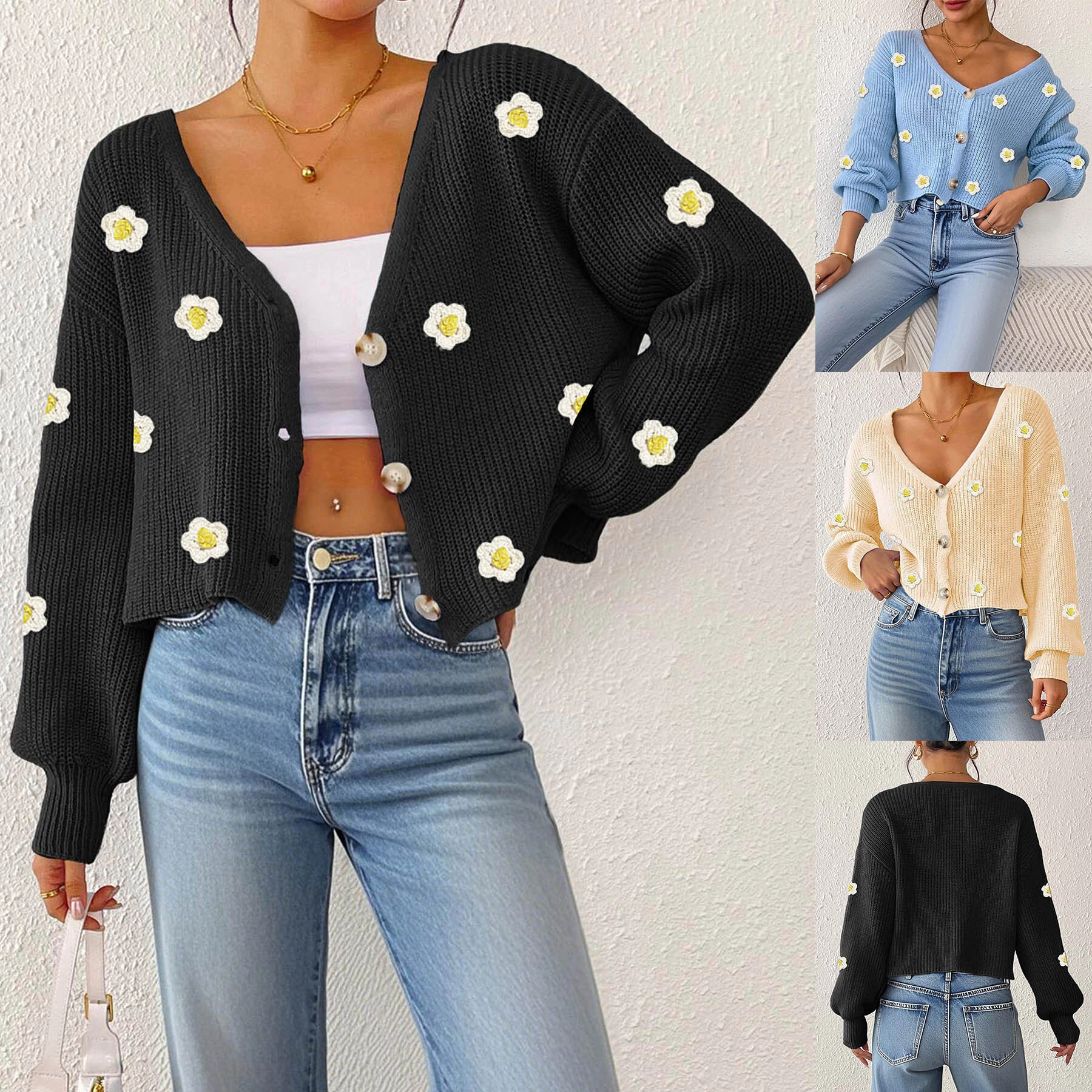 Wholesale Factory Stock Ladies' Sweater Cardigan - Hand-Crocheted 3D Flower Patchwork, Loose Long Sleeve European American Style 1