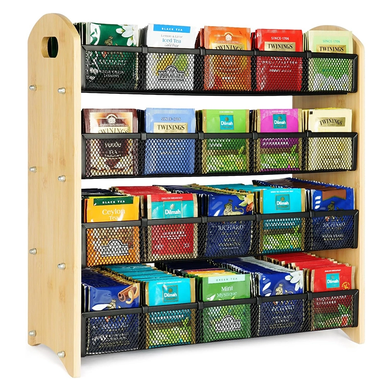 Bamboo Iron Tea Storage Organizer With Frame 4 Layer, Tea Organizer for Tea Bags Natural Wood & Iron Frame for Countertop Office Kitchen Cabinet Pantry SH-KI23077 1