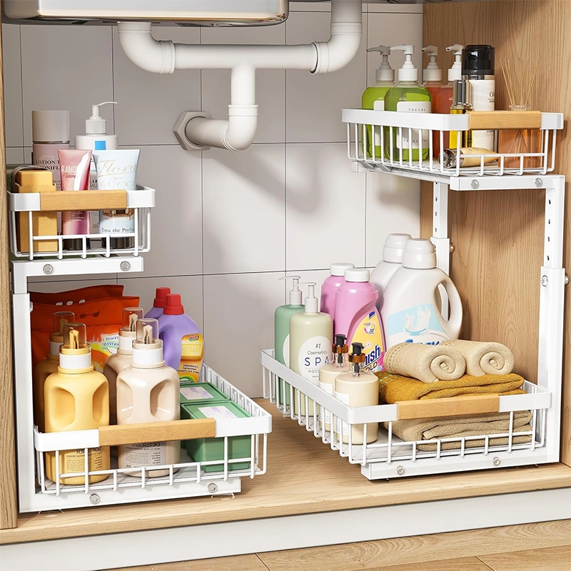 Pack Under Sink Organizer,Adjustable Height,2 Tier Pull Out Under Cabinet Organizer,Slide Out Thickened Metal Under Sink Storage for Kitchen Bathroom Laundry Cabinet Pantry,SH-KI23103 1