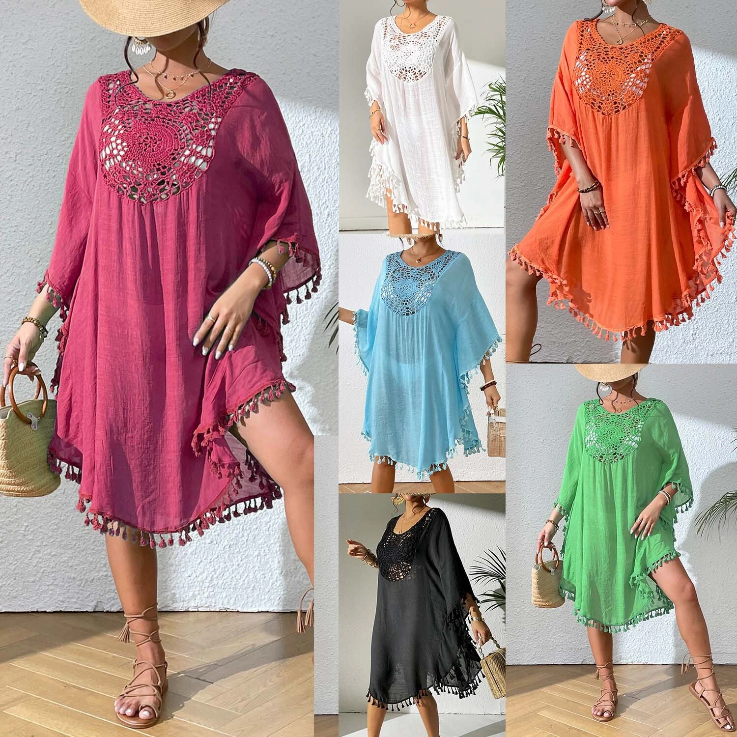 Wholesale Women's Amazon Hot Sale Beach Cover Up - Crocheted Patchwork with Tassels, Lightweight Bikini Swimsuit Outerwear 1