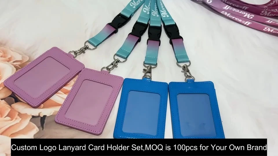 Custom Lanyard Pink Blue Gradient Color with Matching Pu Leather Id Card Holder Set 1