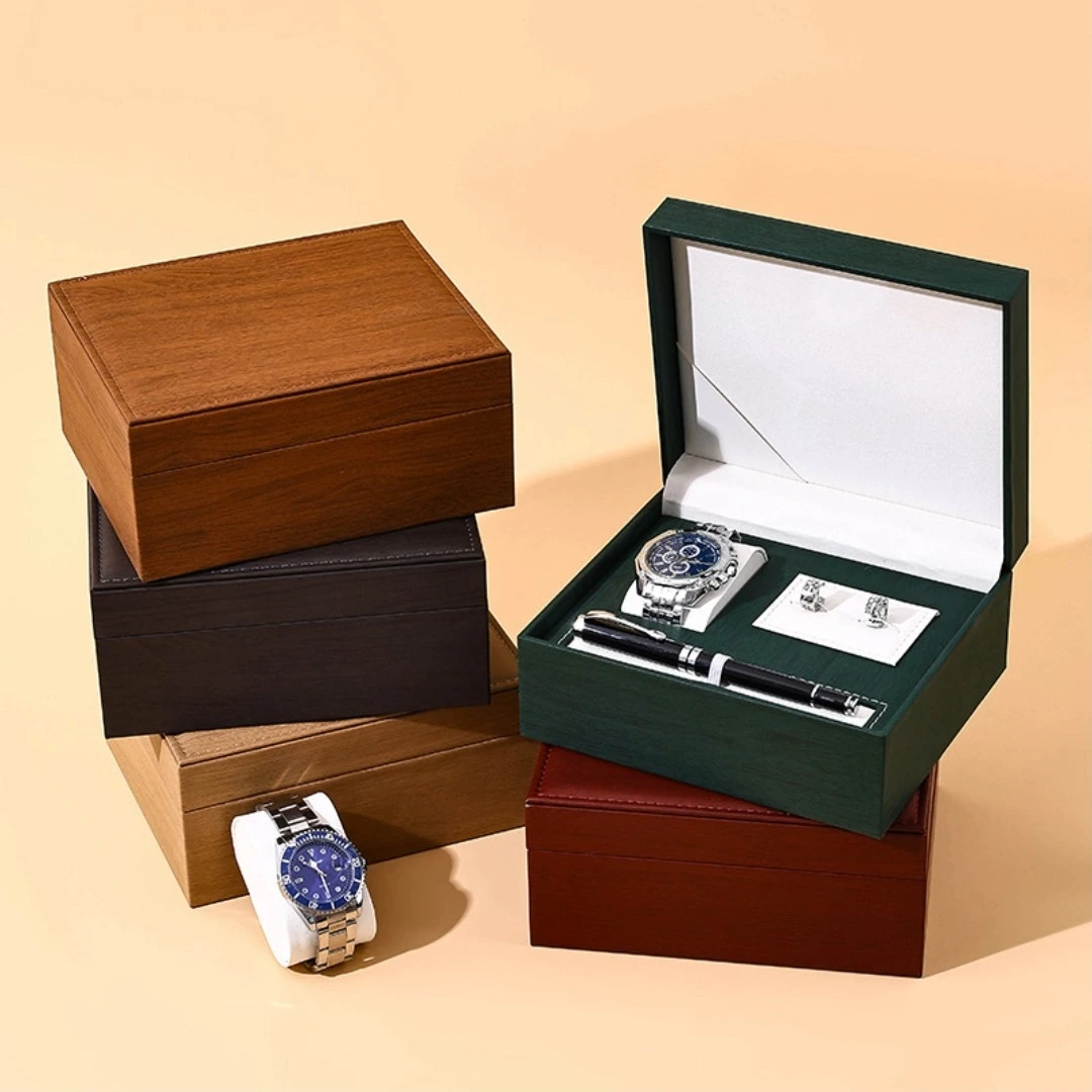 Premium Woodgrain PU Leather Watch, Fountain Pen and Cufflink Gift Set Display Box 1