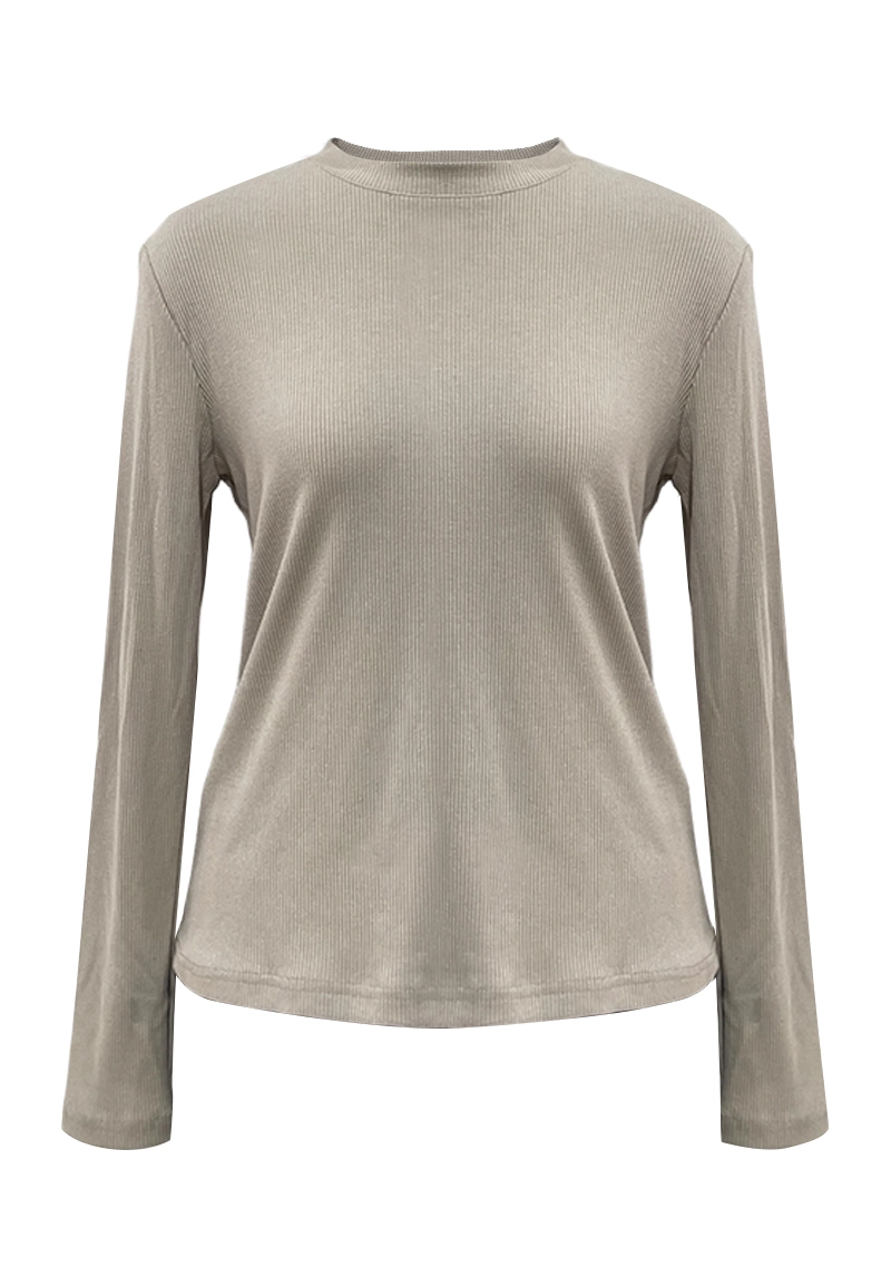 Casual Beige Ribbed Long-Sleeve Top Vepeen Apparel 1