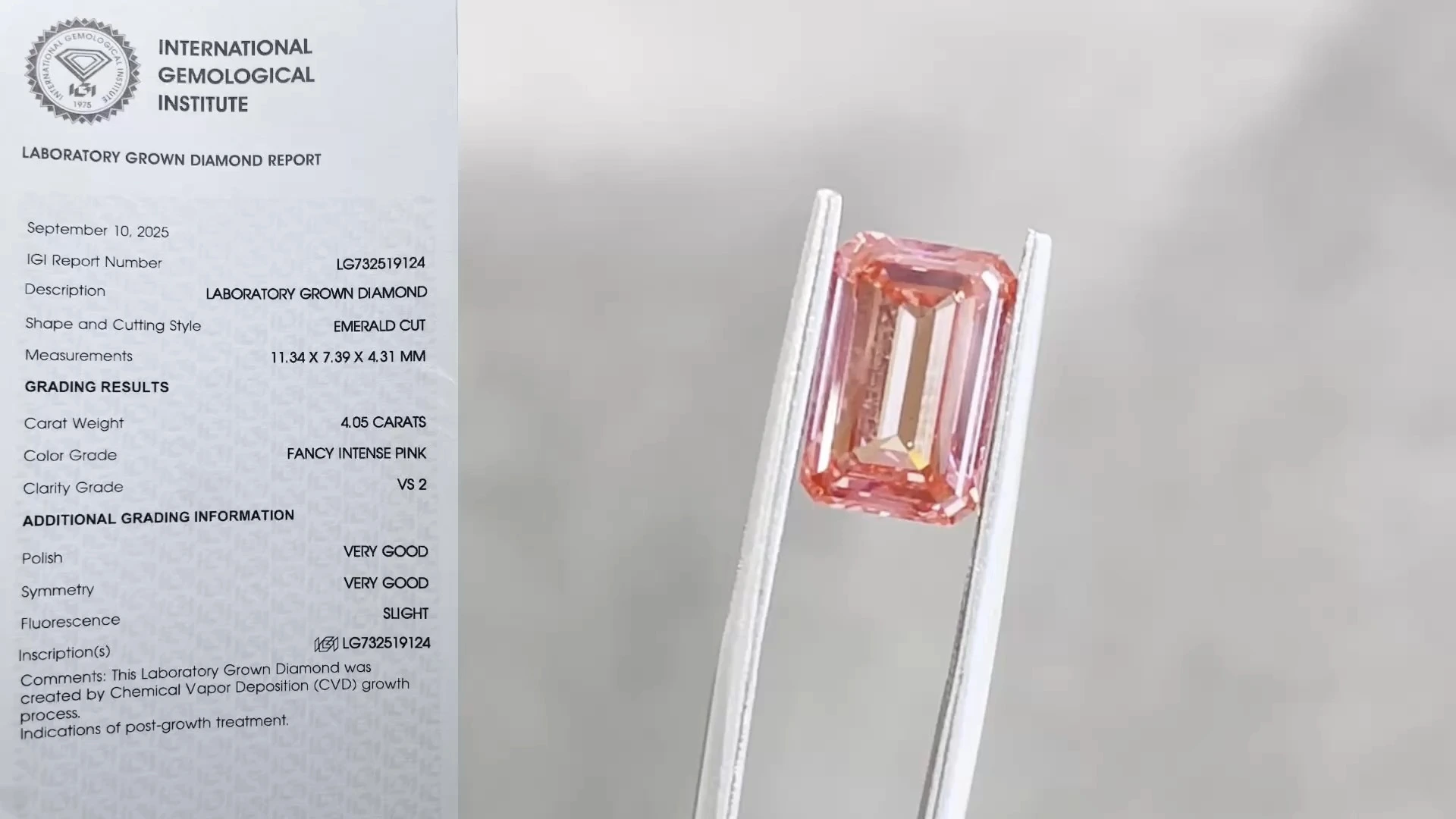Excellent Brilliant Lab Grown Fancy Intense Pink Emerald Cut 4.05ct VS2 Clarity Diamond 1