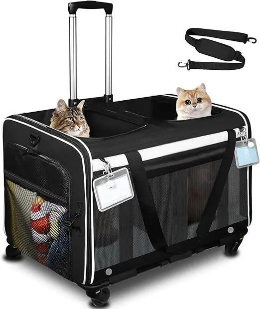 Grand sac de transport à roulettes à 2 compartiments pour 2 chats ou un chien de taille moyenne, 61 x 43 x 38 cm. Double sac de transport pour chats avec roulettes et fermetures éclair de sécurité verrouillables pour les déplacements chez le vétérinaire, en promenade ou en voiture. 1