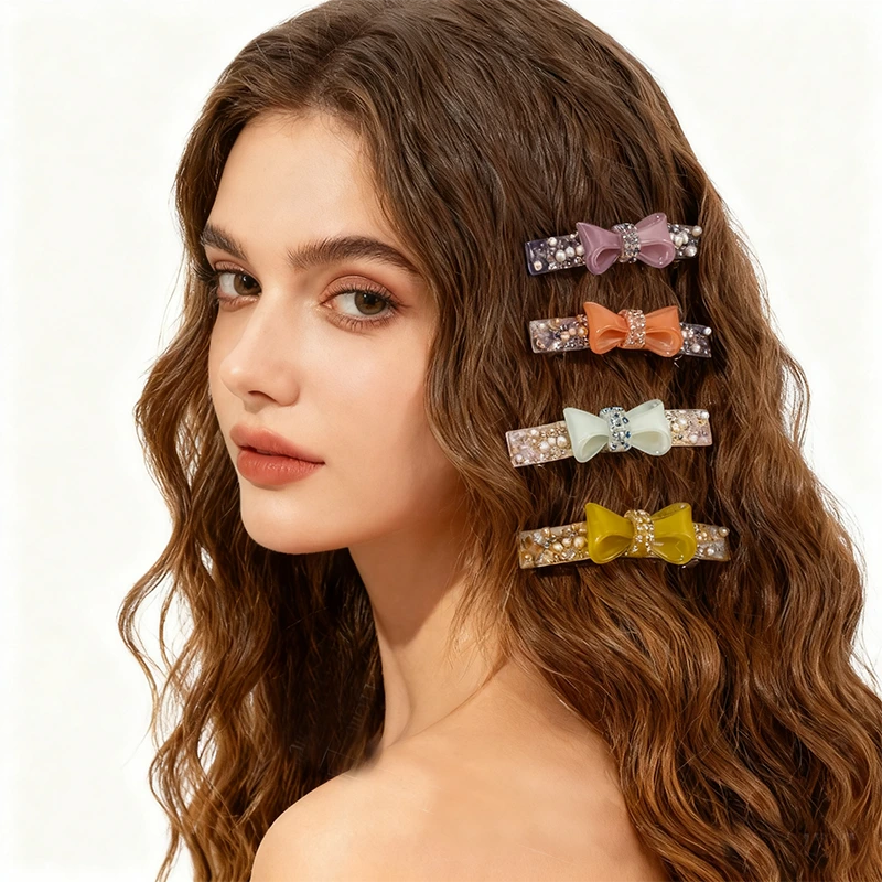 Acetic acid bow pearl-embellished hair clip, sweet lady's bobby pin 1