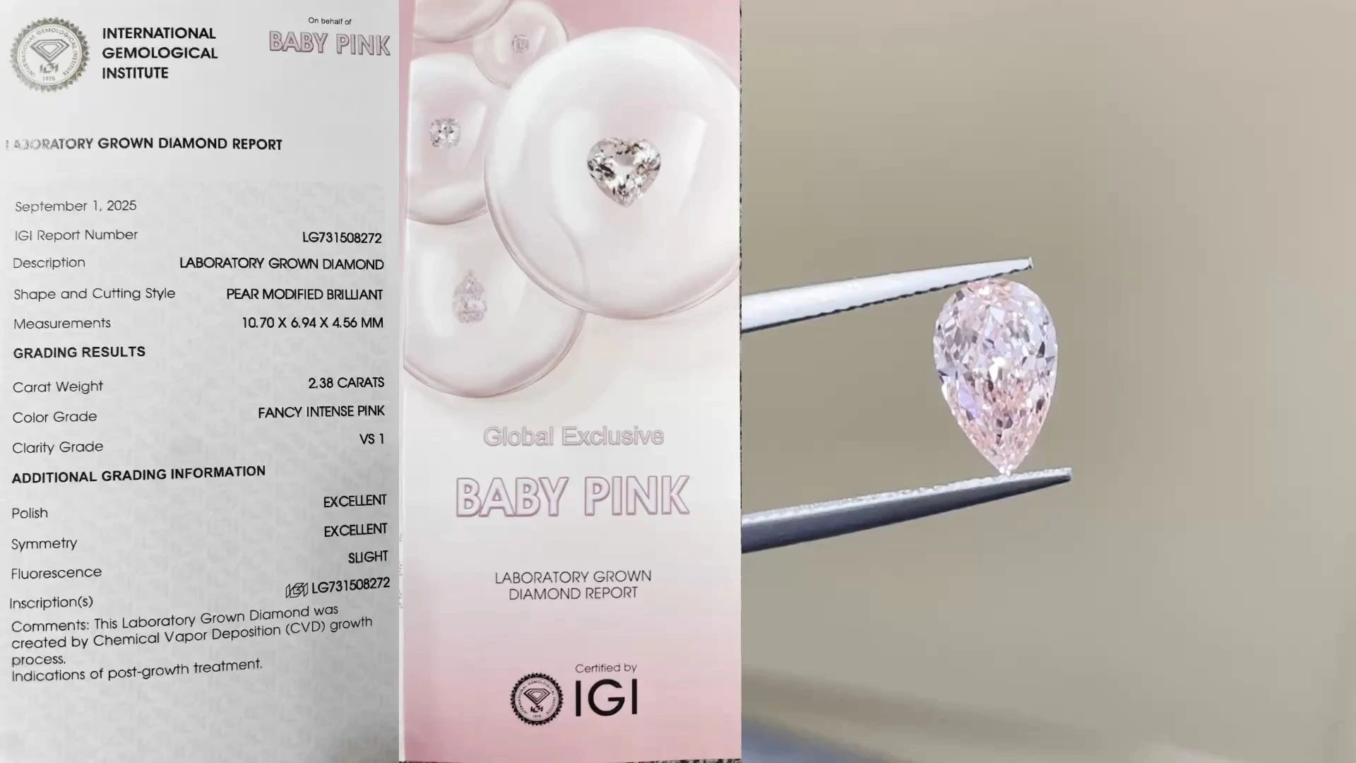Fancy Intense Pink Brilliant Lab Grown Excellent Pear Cut VS1 Clarity Diamond 1