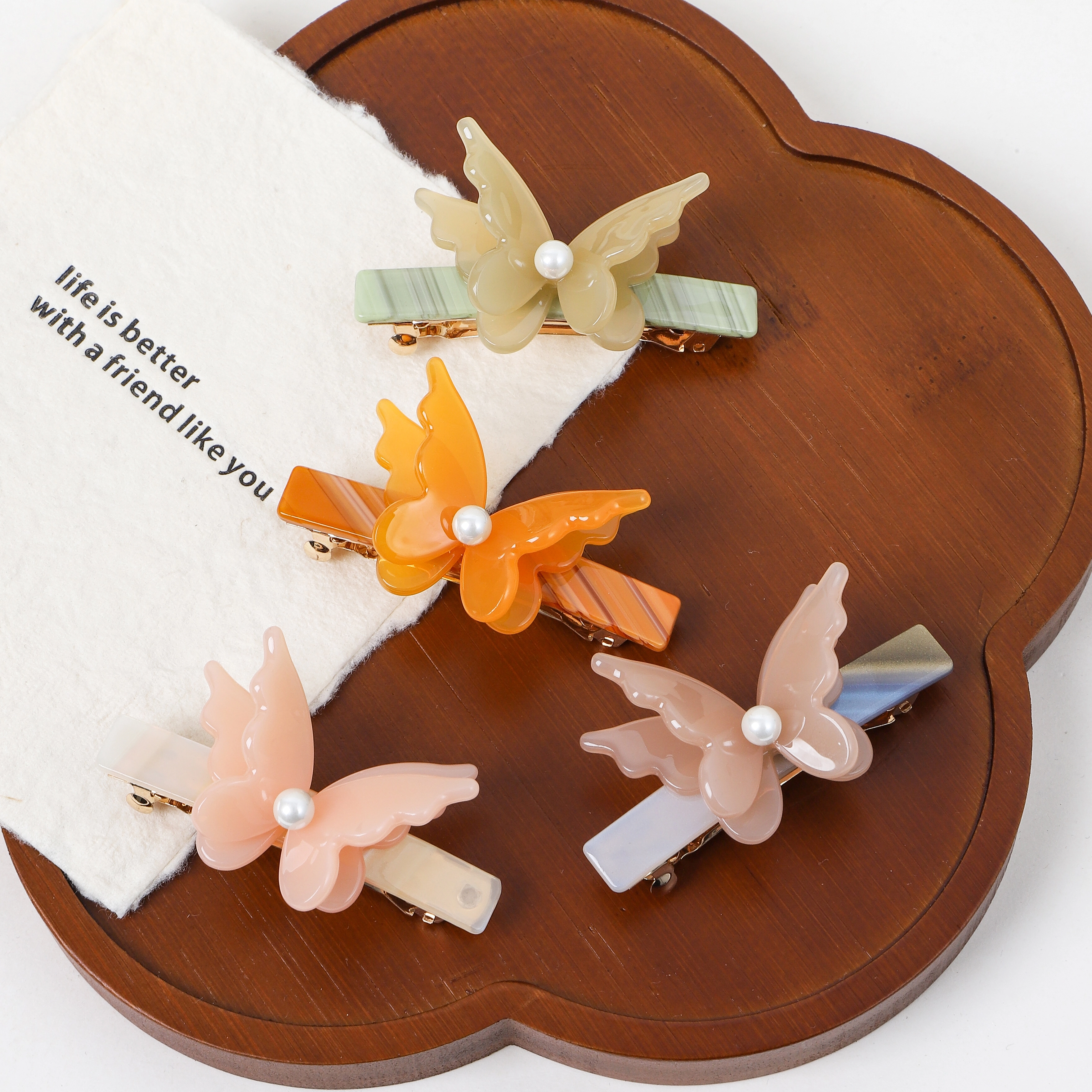 Acetic acid butterfly hair clip with pearl decoration, bobby pin with spring clasp for women. 1