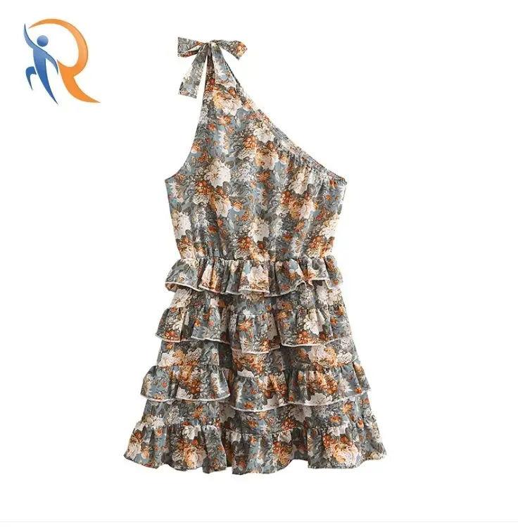 فستان مطبوع مكشوف الكتفين برباط وظهر مفتوح 1