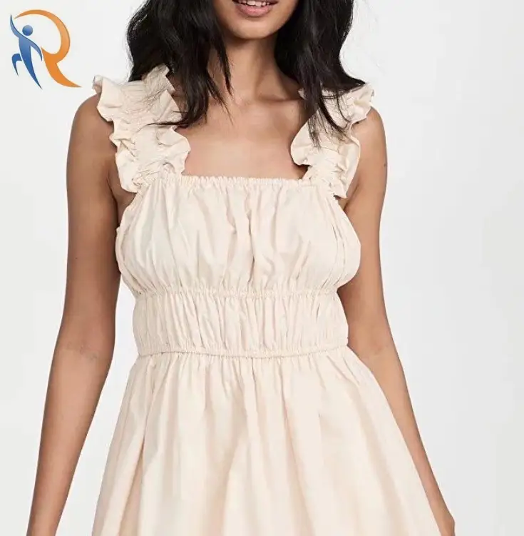 Womens Slim Fit Dress | Solid Color Ruffled Straps Waist Cinch 1