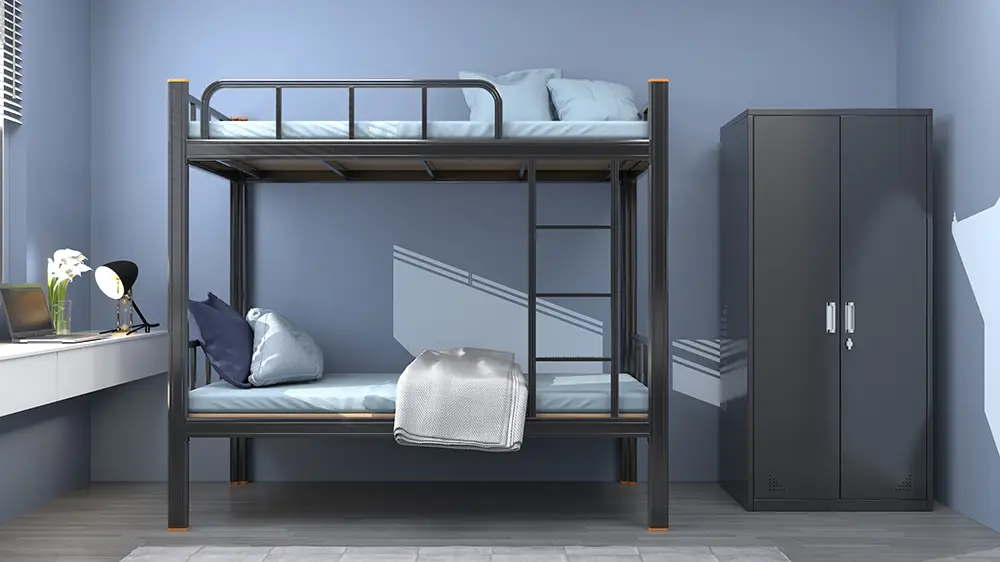 Dormitory bunk iron bed, double-decker bed with guardrail and ladder 1