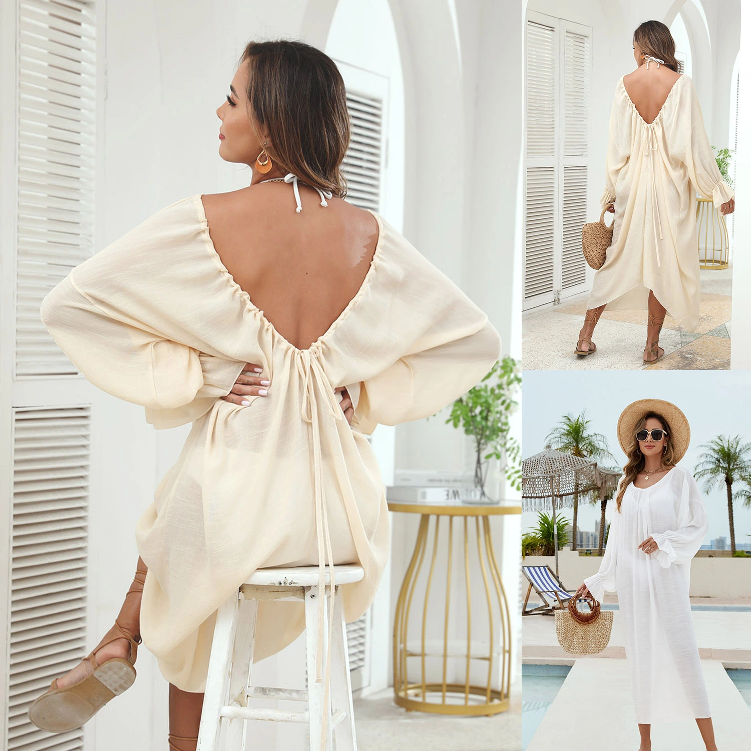 卸売 2025年新着ビキニカバーアップ レディース バタフライバック カフタン ラウンドネック ディープV プランジバック EU/USスタイル 1