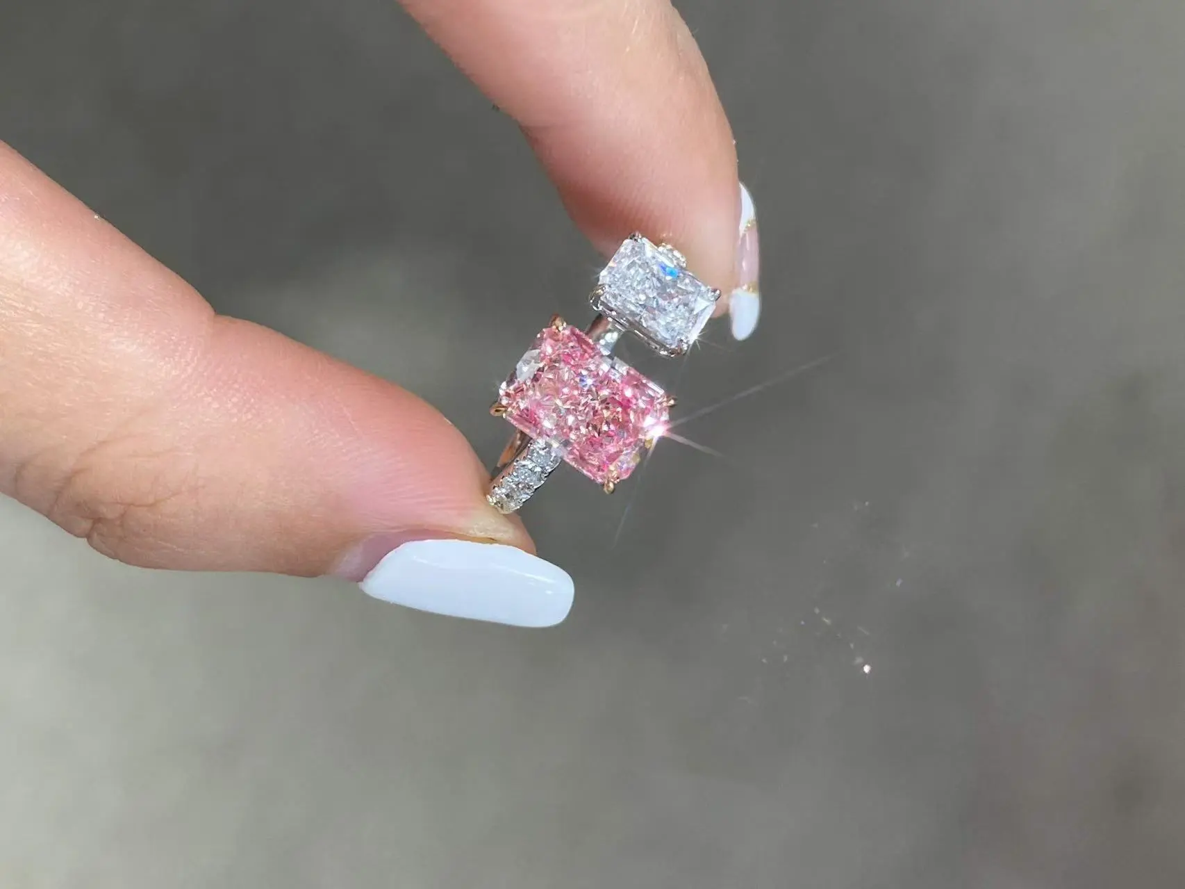 Fancy Light Sakura Pink Lab Grown Excellent Radiant Cut Diamond Luxurious Engagement Ring 1