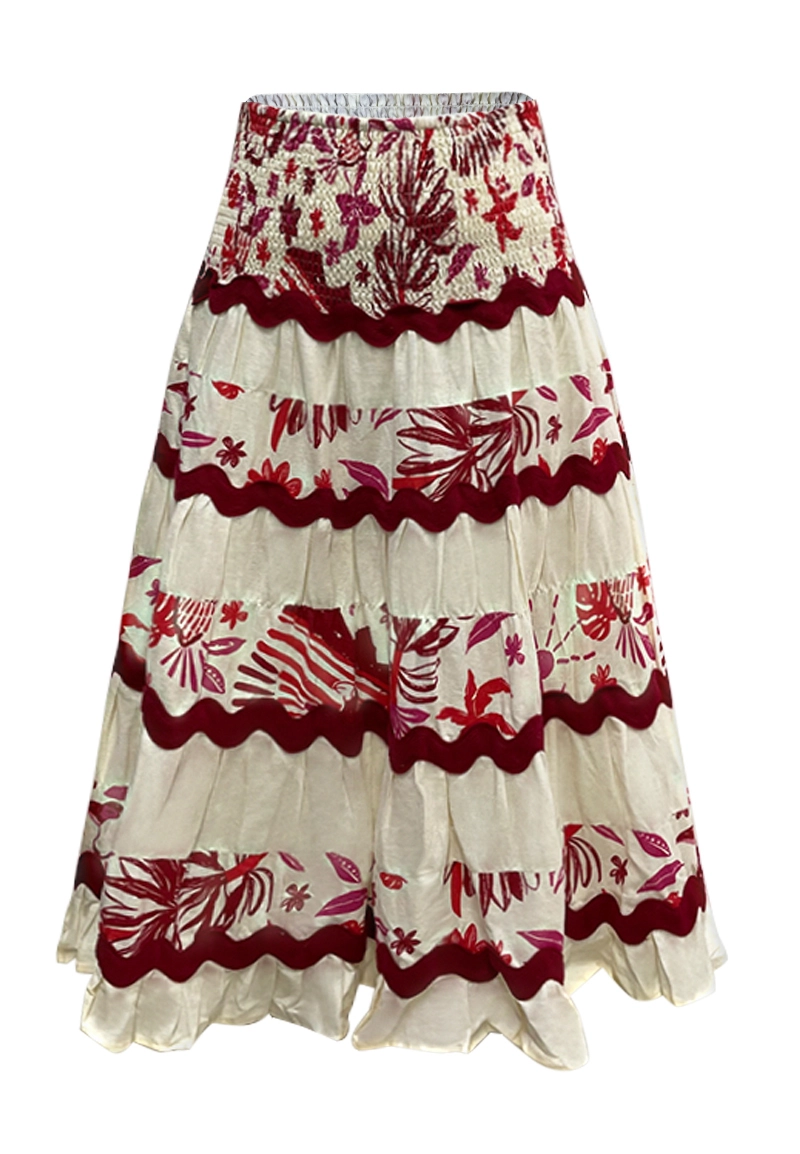 Bohemian Floral Tiered Midi Skirt with Smocked Waist Vepeen Apparel 1