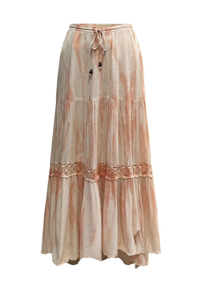 Boho Tie-Dye Tiered Maxi Skirt with Lace Detail and Drawstring Waist Vepeen Apparel 1