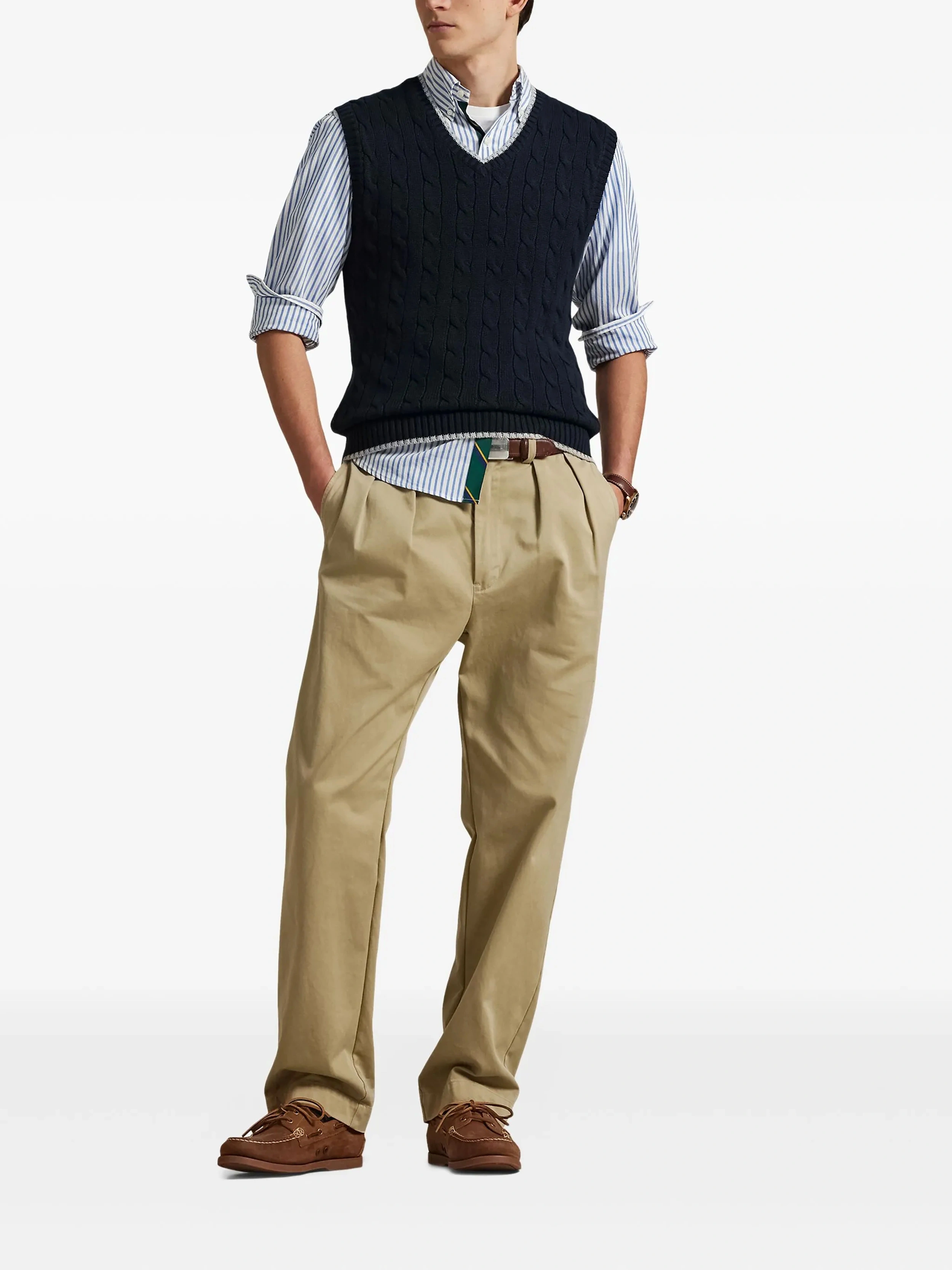 Fan Flo Men's Knitwear Business Formal V-Neck Cable Knit Vest - Dark Blue Wool Blend Sleeveless Sweater 1