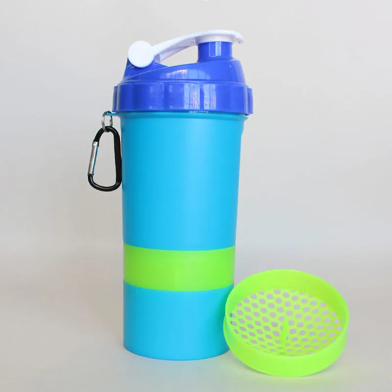 16oz/400ml protein shaker plastic bottle with sieve 2 compartments metal hook for sports 1