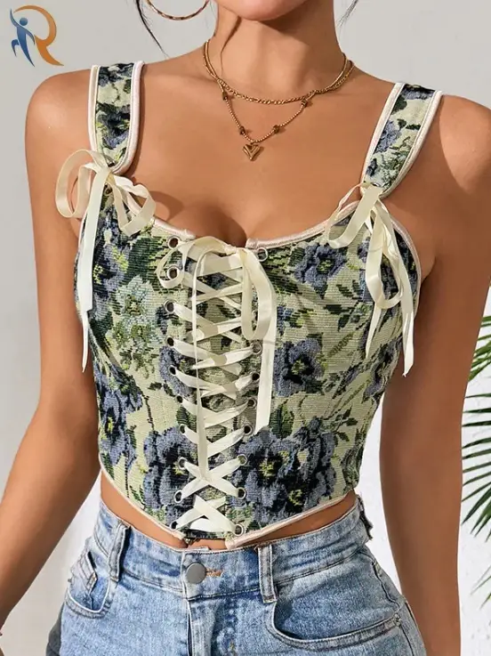Printed Lace Up Corset Top | Floral Wide Strap Vest 1