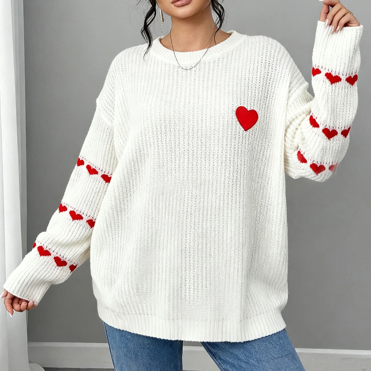 Wholesale Plus Size Women's Sweater Color Block Heart Intarsia Patchwork Embroidery Loose Casual Pullover for EU/US Market 1