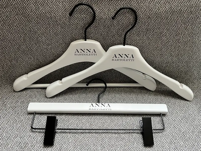 Matt white custom luxury wooden hanger with brand 1
