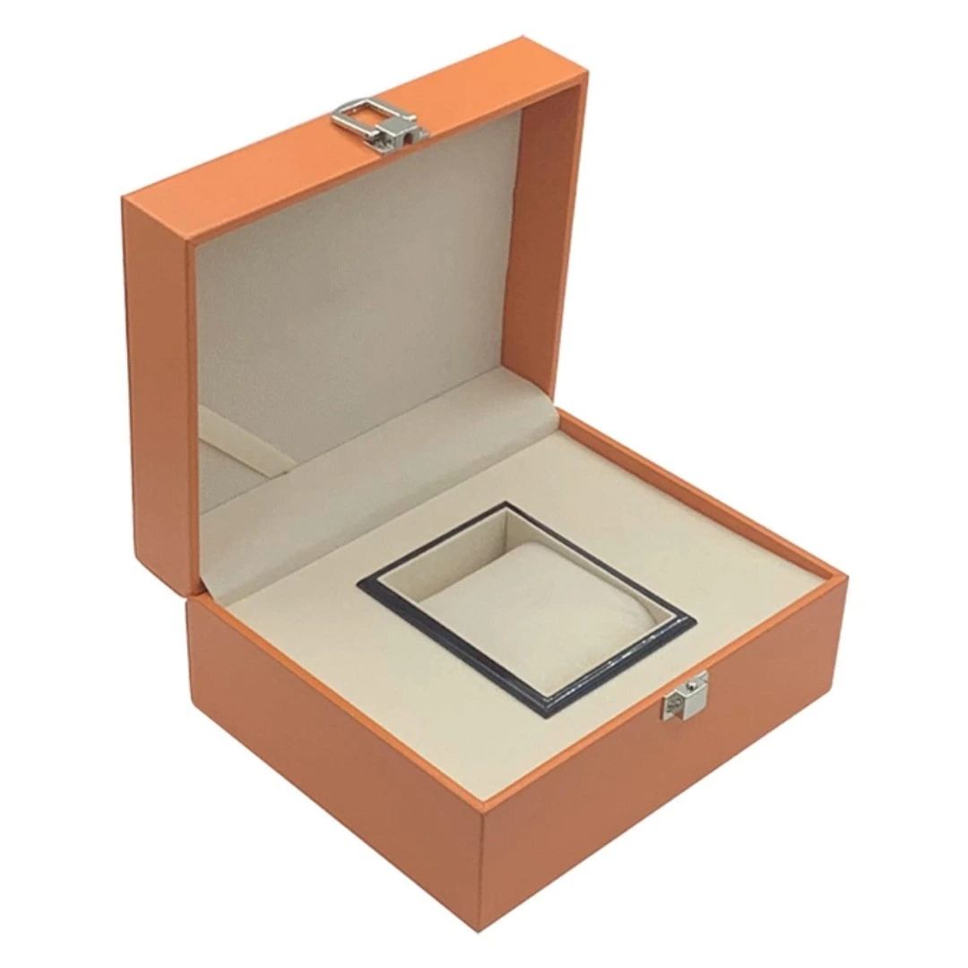 صندوق هدايا فاخر برتقالي اللون لحفظ الساعات مصنوع من جلد البولي يوريثان مع قفل إبداعي 1