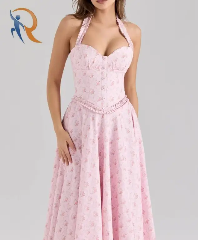 Pink Floral Halter Midi Dress | Backless, Slim Fit 1