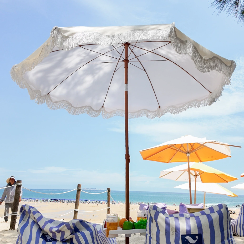 2m Wavy Hem Tassel Umbrella Pure White Fabric Elegant Look 1