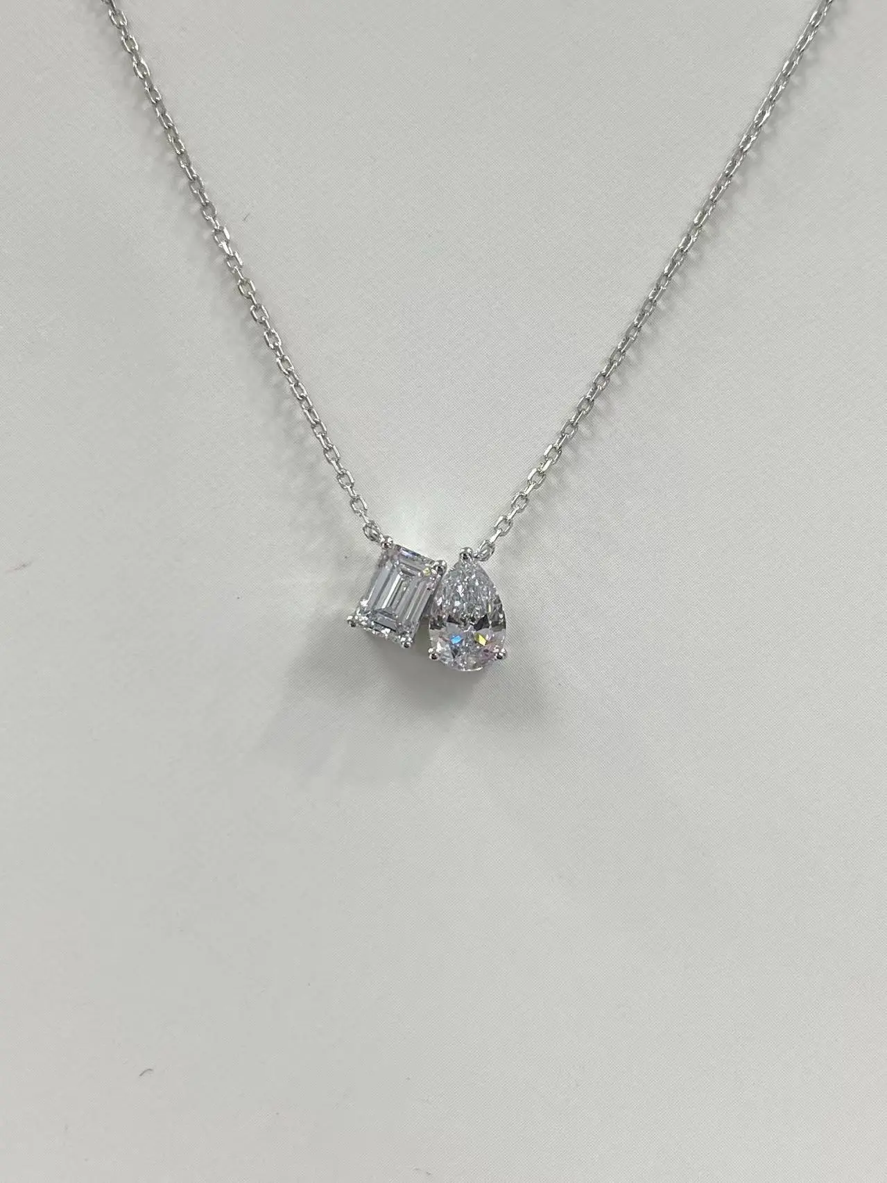 18K White Gold Lab Grown Ex Pear&Emerald Cut VVS Clarity Diamond Pendant 1