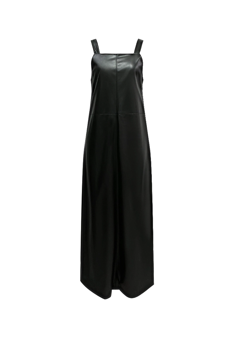 Black Faux Leather Square-Neck Sleeveless Jumpsuit Vepeen Apparel 1