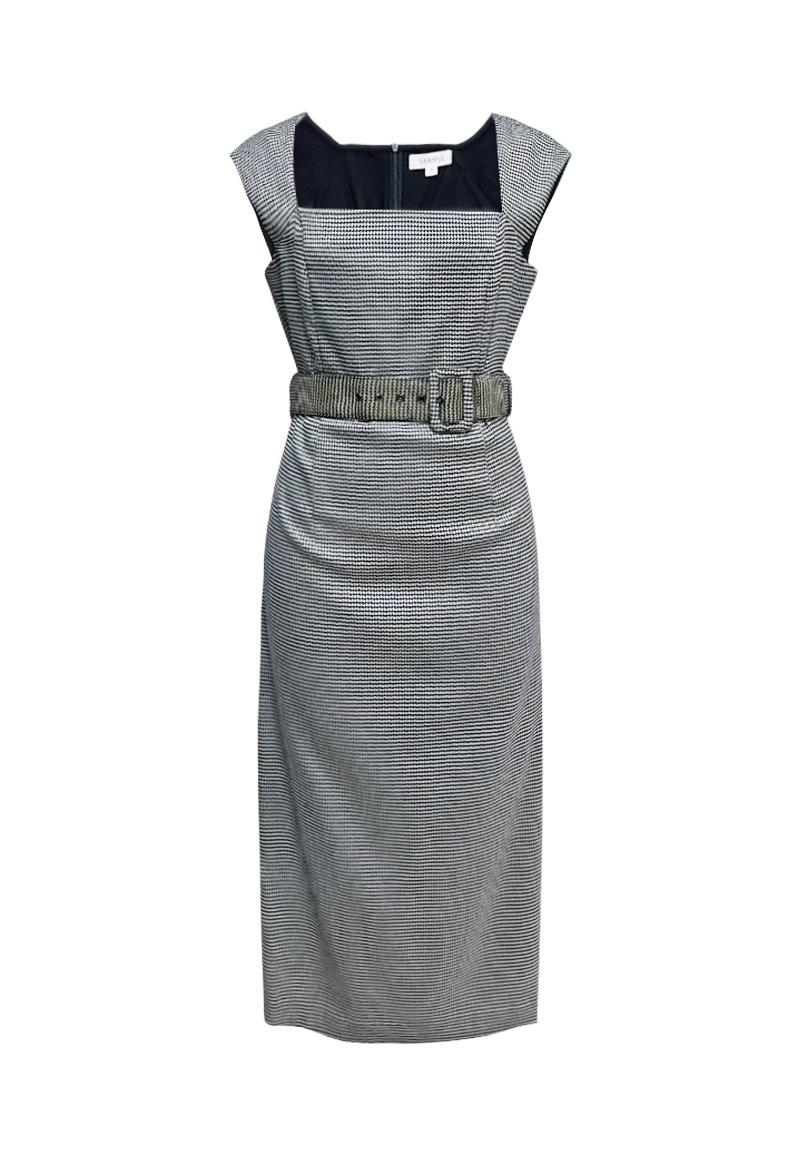 Black and White Houndstooth Square-Neck Midi Dress with Belt Vepeen Apparel 1
