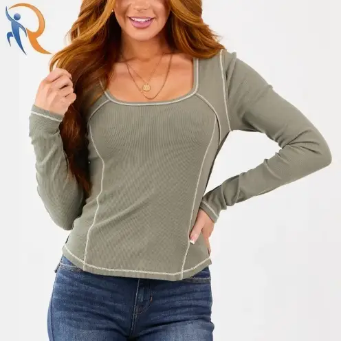 Olive Contrast Stitch Long Sleeve Rib Knit Top 1