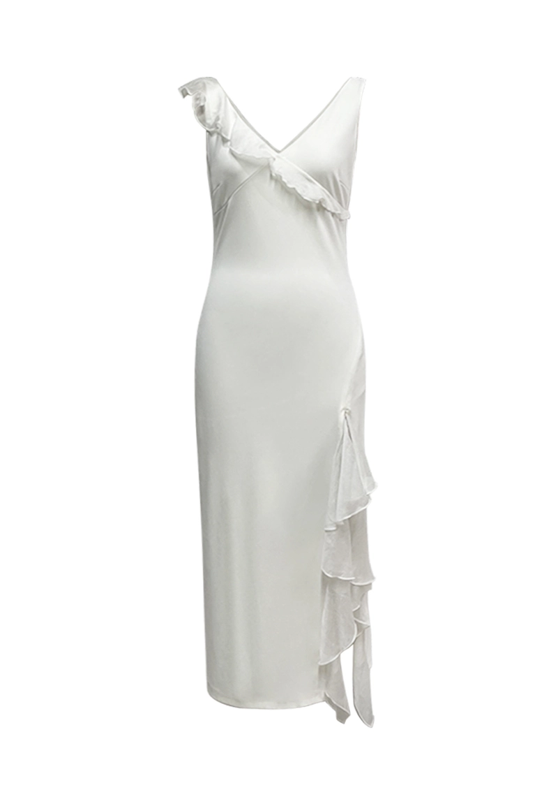 White Satin Asymmetric Ruffle V-Neck Midi Dress with Side Slit Vepeen Apparel 1