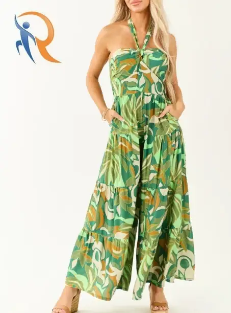 Kiwi Tropical Print Halter Front Tie Jumpsuit 1