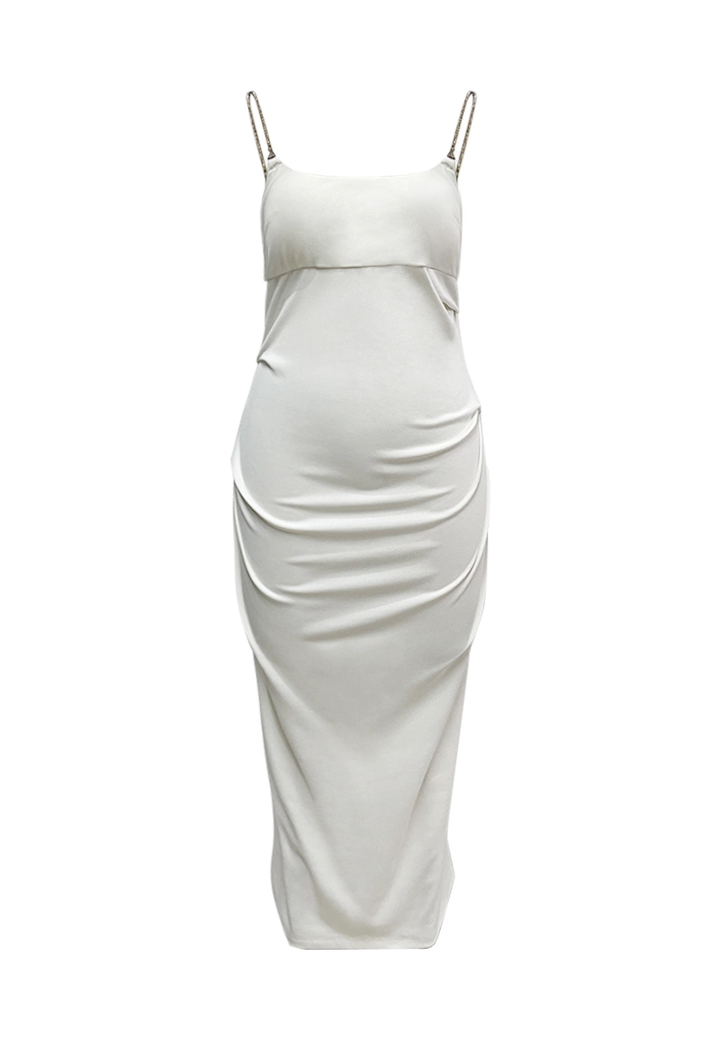 White Satin Chain-Strap Ruched Bodycon Midi Dress  Vepeen Apparel 1