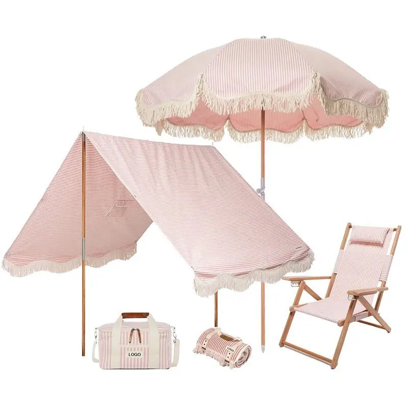 Beach Fringe Umbrella Set with Sunshade Umbrella and Chair 1