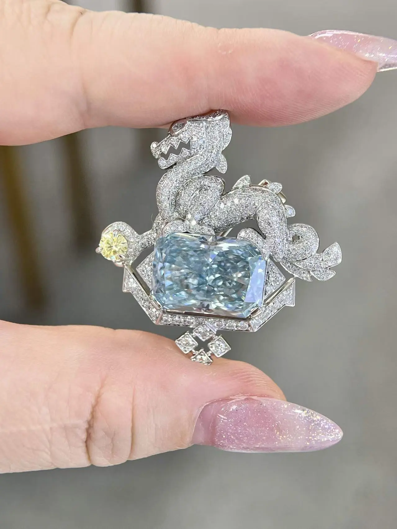 Platinum Lab Grown Fancy Intense Blue Radiant Cut VS2 Clarity Diamond Chinese Dragon Brooch 1