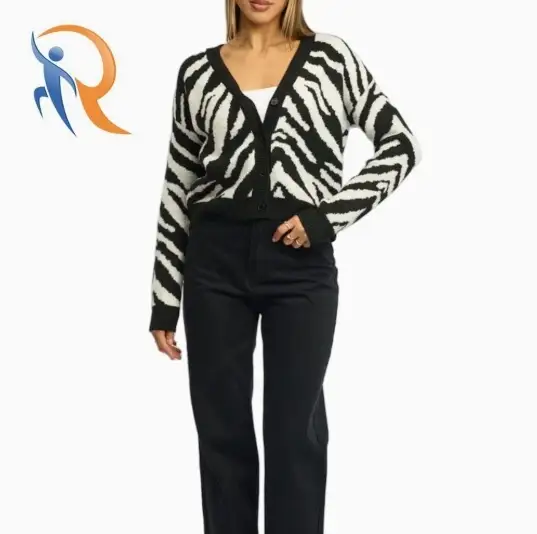 سترة كارديجان قصيرة أنيقة بنقشة حمار وحشي باللون الأسود للنساء 1