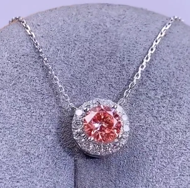 Lab Pink Round Diamond Halo Necklace 1