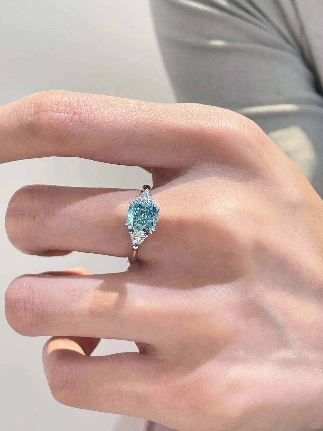 18K White Princess Blue Laboratory Grown Diamond Engagement Ring - Three Stone Version Grown Diamond Ring 1