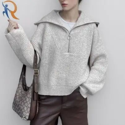 High-end Loose Fit Half Zip Knit Sweater Women's Autumn Winter New Style Sweater Top 1