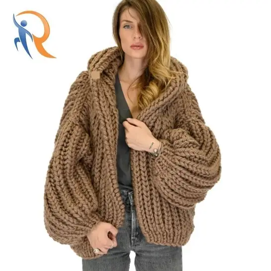 Hand-Knitted Hooded Sweater for Women, Lazy Casual Style, Loose Fit Cardigan 1